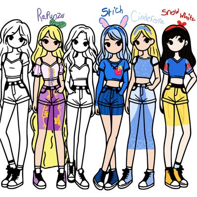 a group of girls wearing crop tops and shorts