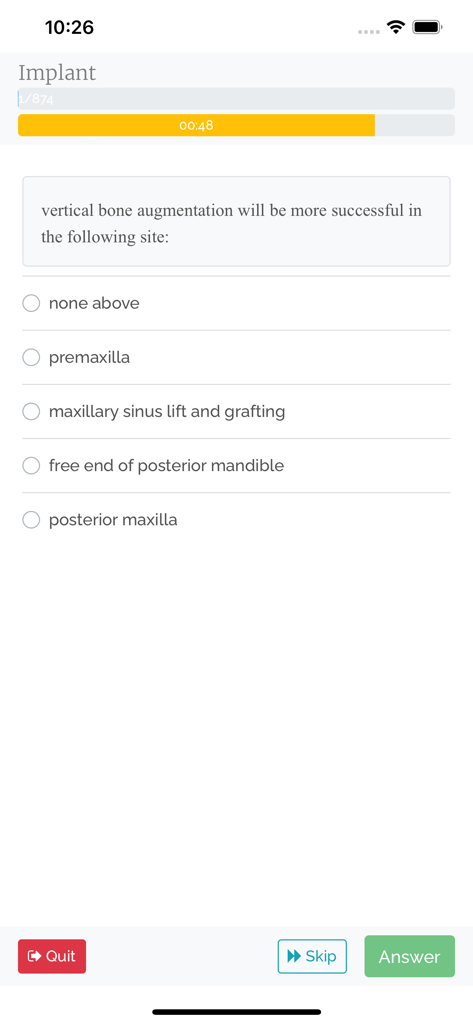 DenTest Dentistry Exam - Timed multiple-choice question about implant dentistry on the DenTest mobile app interface.
