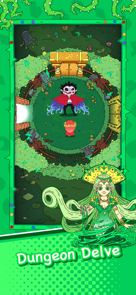 Dicey Elementalist - Gameplay screenshot of Dicey Elementalist showing a dungeon delve with a vampire boss and a nature goddess character