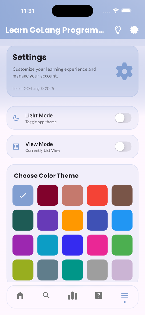 Learn Go Lang | GoPrgramming - La schermata delle impostazioni dell'app Impara Go Lang che mostra le opzioni per la modalità chiara, la vista elenco e una griglia di scelte di temi cromatici.