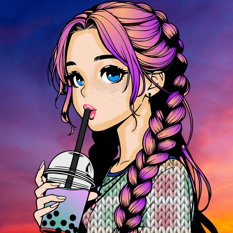 realistic girl with braided hair drinking boba