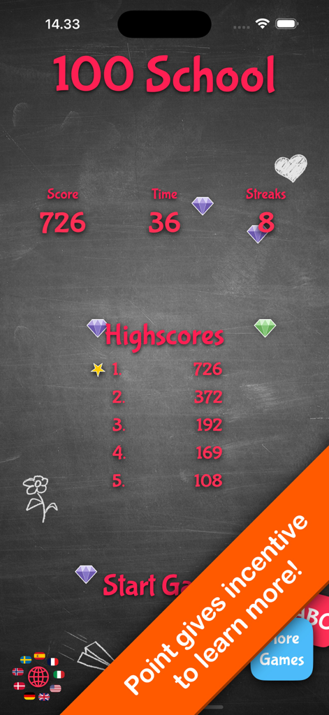100 School (multilingual) - 100 School app leaderboard showing high scores and multilingual options on a chalkboard background