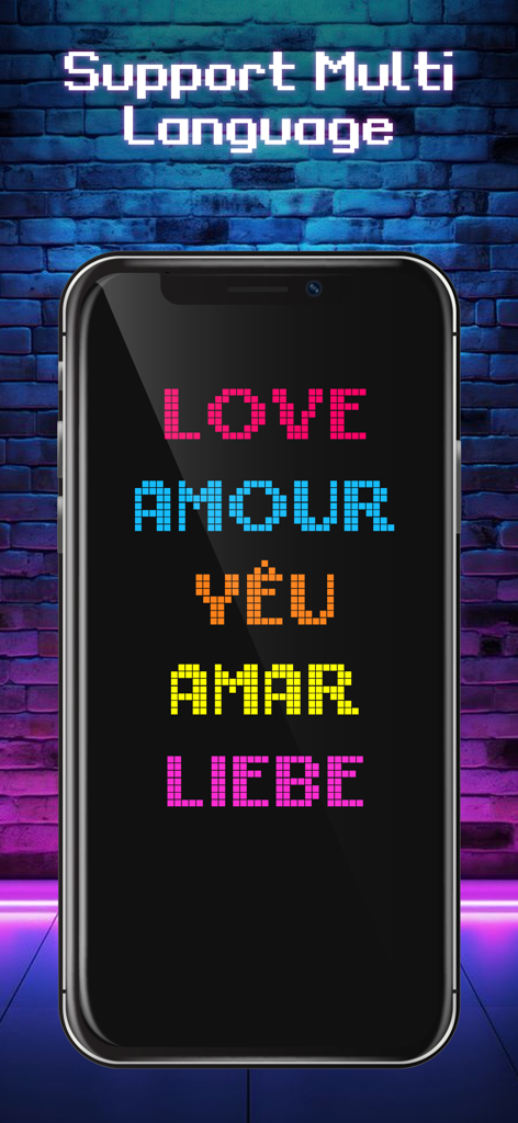 LED Banner: LED Scroller Text - Un smartphone mostrando la palabra Amor en múltiples idiomas usando texto desplazable LED colorido