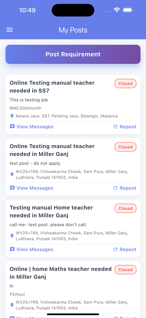 TeacherOn - The My Posts dashboard in the TeacherOn app showing a list of tutor job requirements.