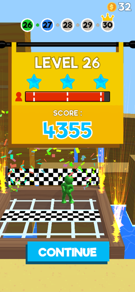 Push em all game level 26 completion screen showing a score of 4355 with three stars and confetti