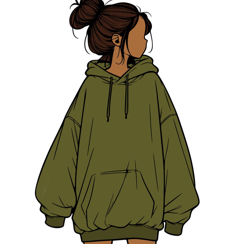 realistic girl with a oversized sweatshirt on and a bun