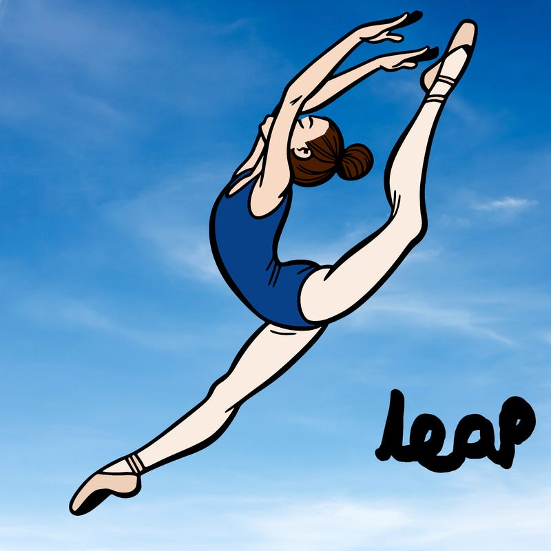 gymnast doing a leap in a leotard with a bent back leg
