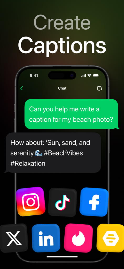 AI Box app interface showing a chatbot generating a social media caption for a beach photo with various social media icons.
