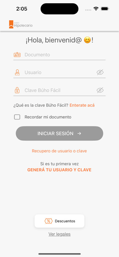 Banca Móvil Banco Hipotecario - Login screen of the Banco Hipotecario mobile banking app with fields for document number, username, and password