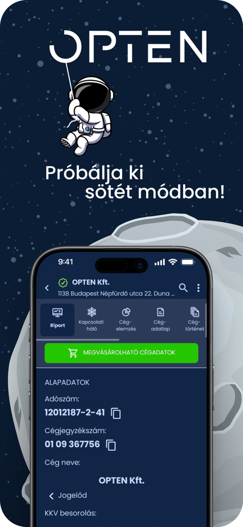 Opten Cégtár céginformáció - Opten Cegtar mobile app displaying Hungarian business data in dark mode interface