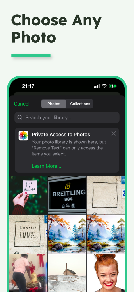 Remove Text From Photo - Eine Smartphone-Oberfläche, die eine Galerie von Bildern anzeigt, aus denen der Benutzer eines zur Textentfernung auswählen kann