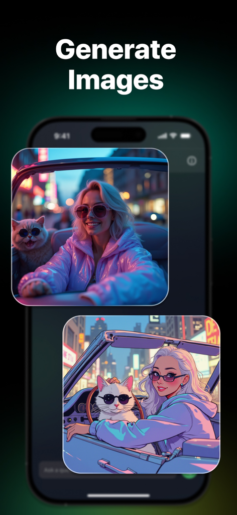 Mobile app interface of Chat 5.0 showing AI generated images of a woman and a cat in a car