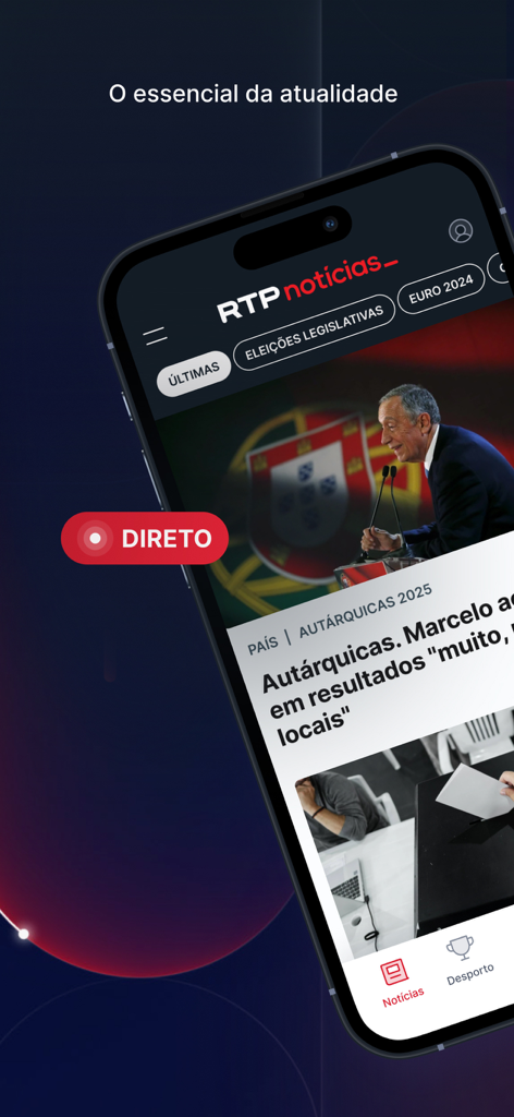 RTP Notícias - RTP Notíciasアプリのホーム画面。スマートフォンのライブニュースアップデートとカテゴリが表示されています。