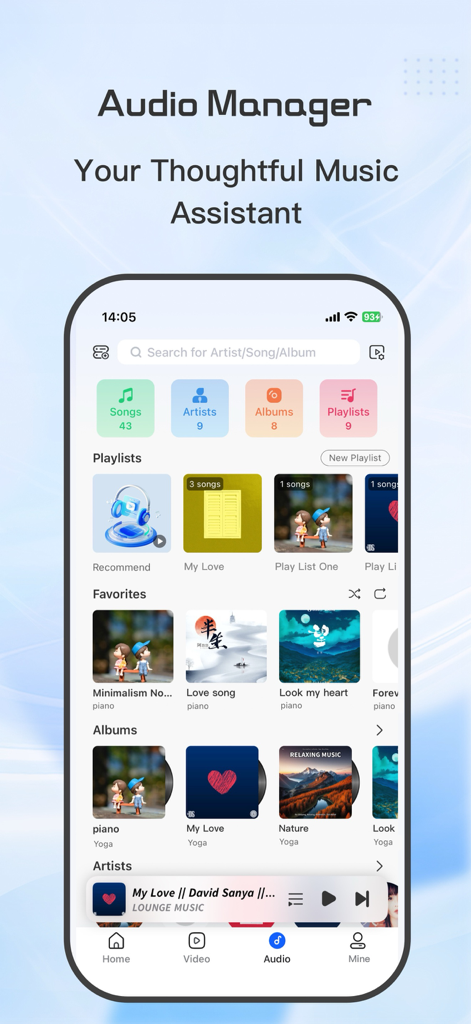 DS Cloud-Video Library&Player - DS Cloud app audio manager screen showing a music library with playlists and albums