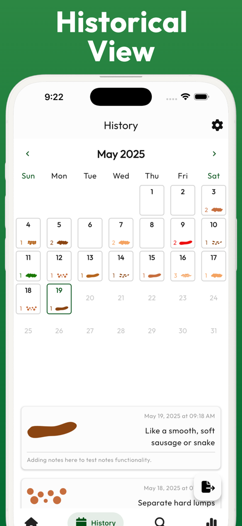 Historical view showing a calendar with daily bowel movement tracking icons