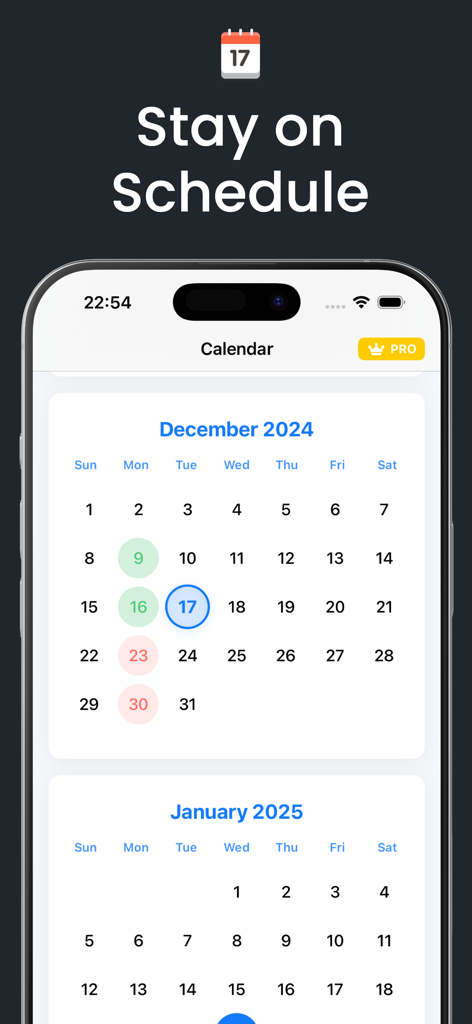 GLP 1 Tracker: Shot Pal - Calendar view of GLP-1 medication injection schedule within the Shot Pal app