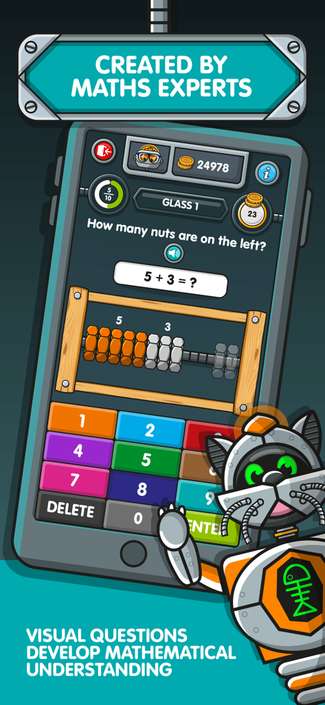 A visual math question on a smartphone showing an addition problem with a robot character and an abacus tool