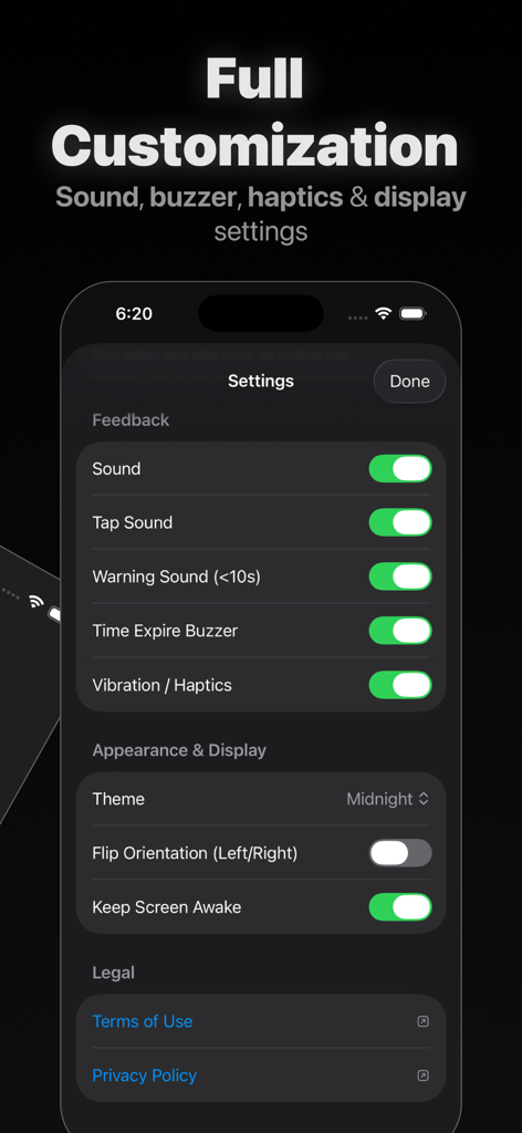 Chess Timer & Clock - Settings menu of the Chess Timer and Clock app showing customization options for sound haptics and display themes