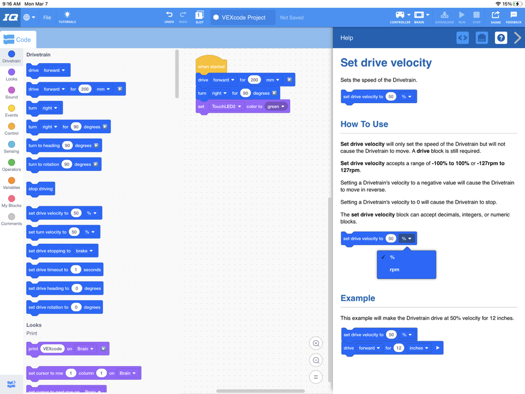 VEXcode IQ - VEXcode IQ interface with block-based coding and a help panel for setting drivetrain velocity