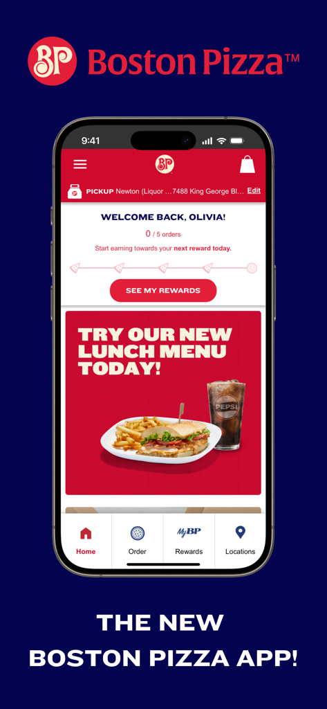 Boston Pizza - Boston Pizza app home screen on a smartphone showing user rewards progress and a new lunch menu promotion