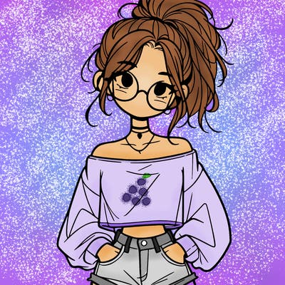 girl with a messy ponytail glasses a baggy crop top and jean shorts