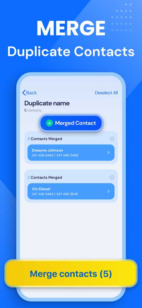 Clean Storage Now: Cleanup App - Interface of the Cleanup App showing the feature to merge duplicate phone contacts