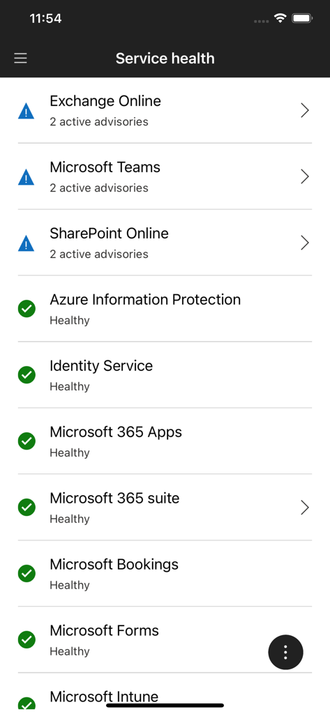 Microsoft 365 관리자 앱 서비스 상태 대시보드, 다양한 엔터프라이즈 서비스의 상태 표시기 및 활성 권고 사항 표시