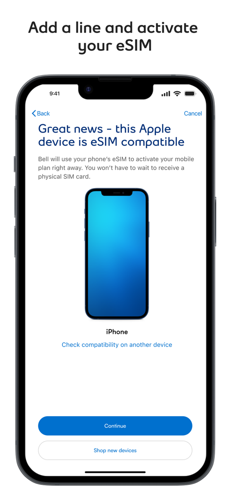 Capture d'écran de l'application MyBell affichant le processus d'activation de l'eSIM pour un appareil Apple compatible.