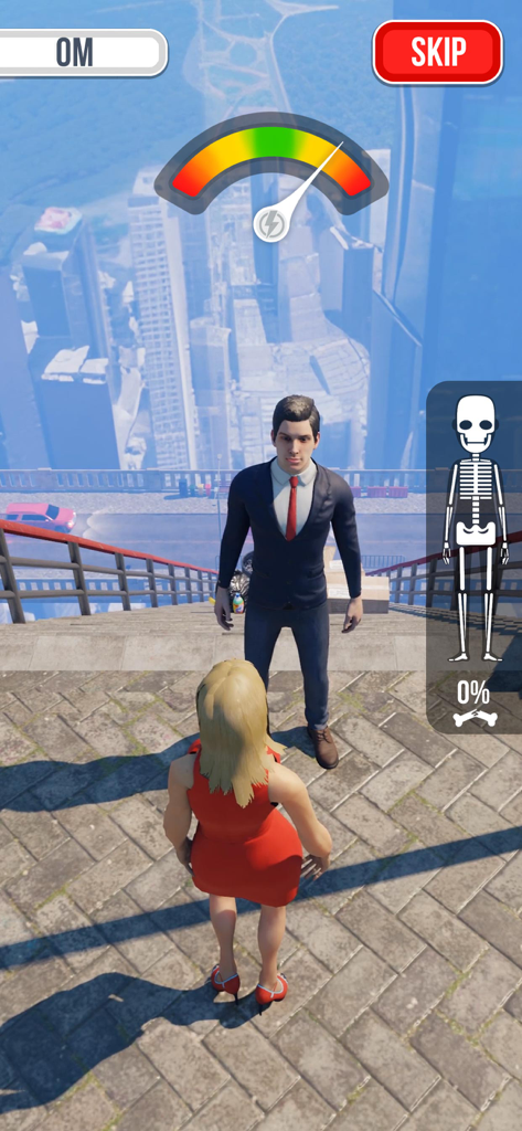 Falling Art Ragdoll Simulator - Gameplay screen showing 3D characters on a skyscraper rooftop with a power meter UI