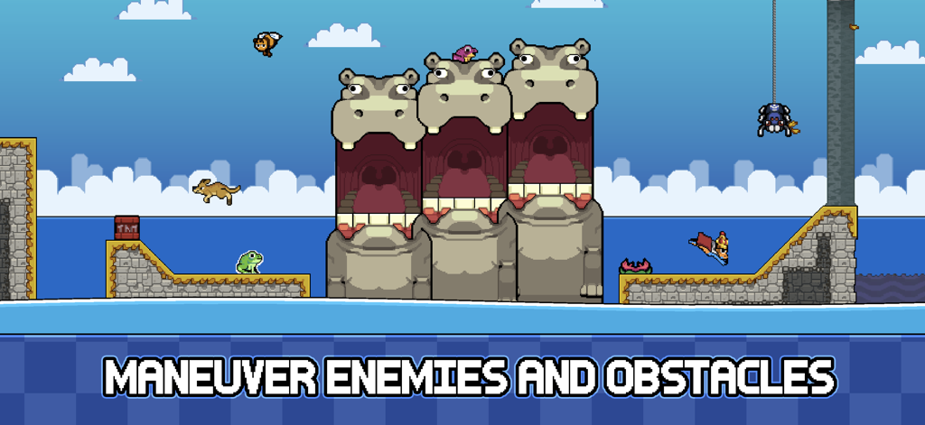 Jugabilidad de plataformas de pixel art que muestra una rana verde navegando más allá de enemigos animales y obstáculos de cabeza de hipopótamo