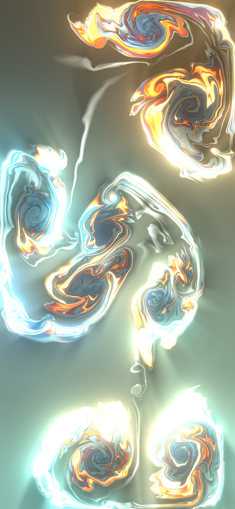 Fluid Simulation - Vibrantes patrones de fluidos brillantes de color azul y naranja arremolinándose sobre un fondo verde claro.
