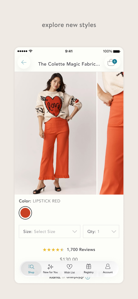 Anthropologie - Anthropologieアプリの商品ページ。モデルがオレンジ色のワイドレッグパンツと白いハート柄のセーターを着ており、色とサイズの選択肢が表示されています。