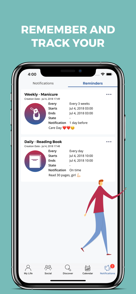 Logg: Personal Journal & Diary - A smartphone showing the reminders interface of the Logg app with daily and weekly habit tracking entries