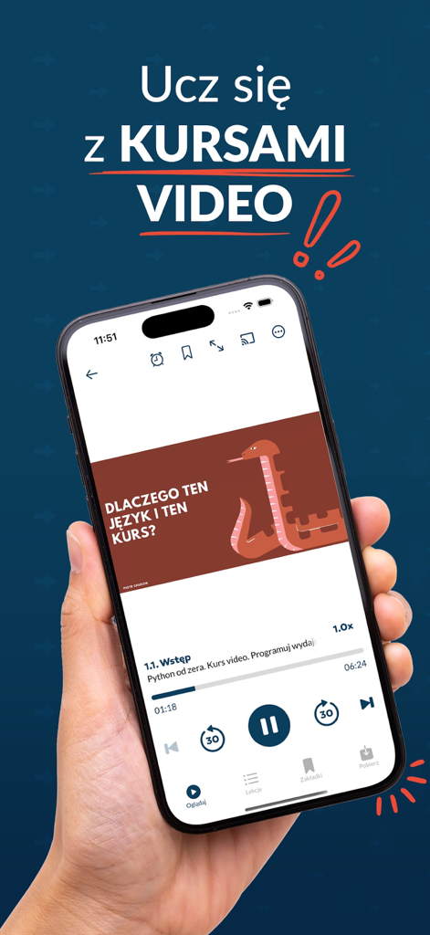 A hand holding a smartphone displaying a Python programming video course within the Ebookpoint app.