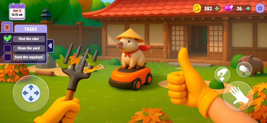 First person gameplay of a capybara on a lawnmower with a yard cleaning task list and thumbs up gesture