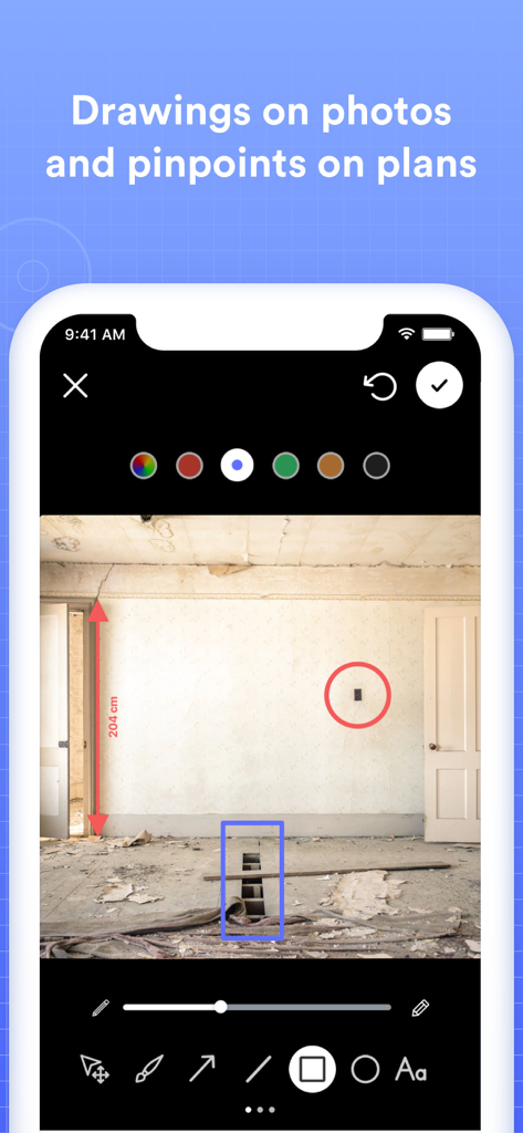 Archireport app interface showing drawings and measurements on a construction site photo.