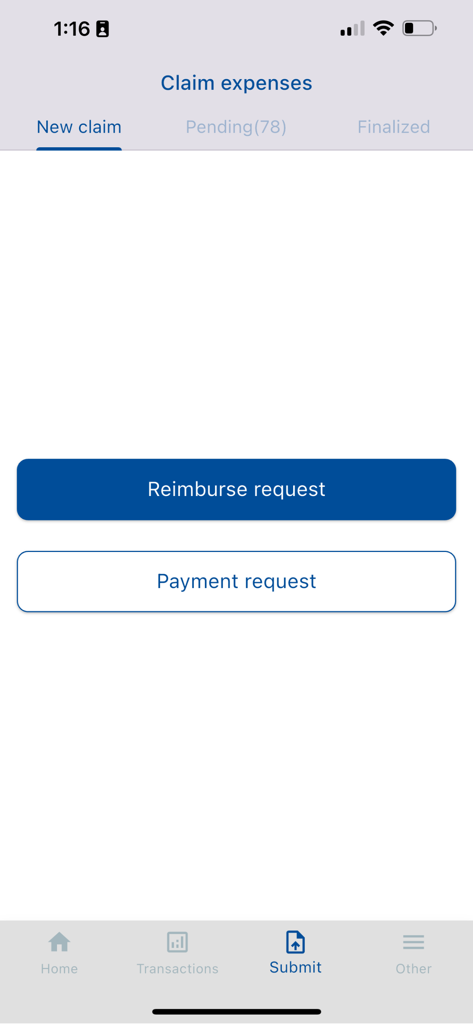 LeasePLUS - 払い戻しと支払いリクエストのボタンがある、新しい経費請求を提出するためのLeasePLUSアプリインターフェイス。