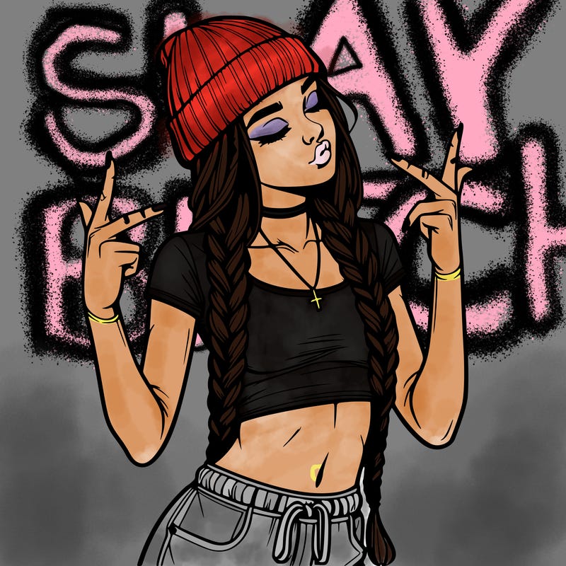 realistic teenage girl with braids and a beanie and crop top doing 🫶🏼