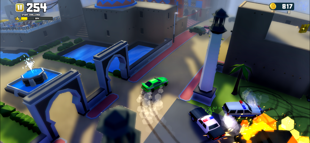 Reckless Getaway 2: Car Chase - Un deportivo verde derrapando para escapar de vehículos policiales en un nivel urbano estilizado de Reckless Getaway 2