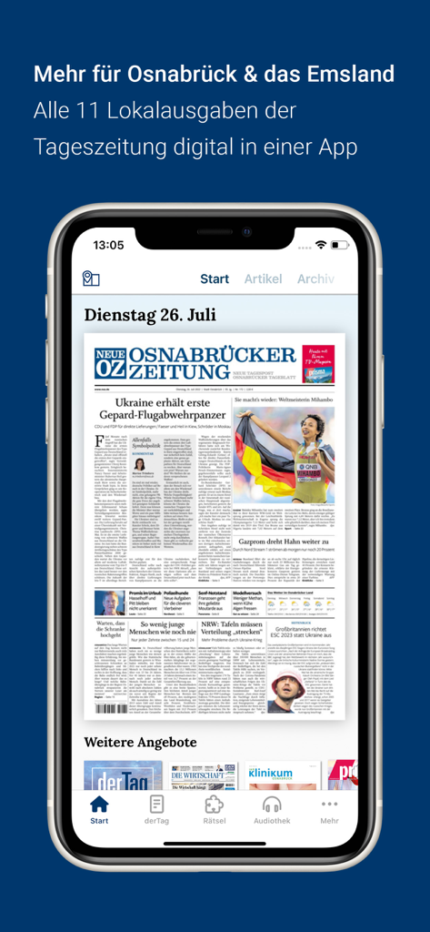 noz E-Paper App - Ein mobiler Bildschirm, der die digitale Zeitungsausgabe der Neuen Osnabrücker Zeitung in der noz E-Paper App zeigt.