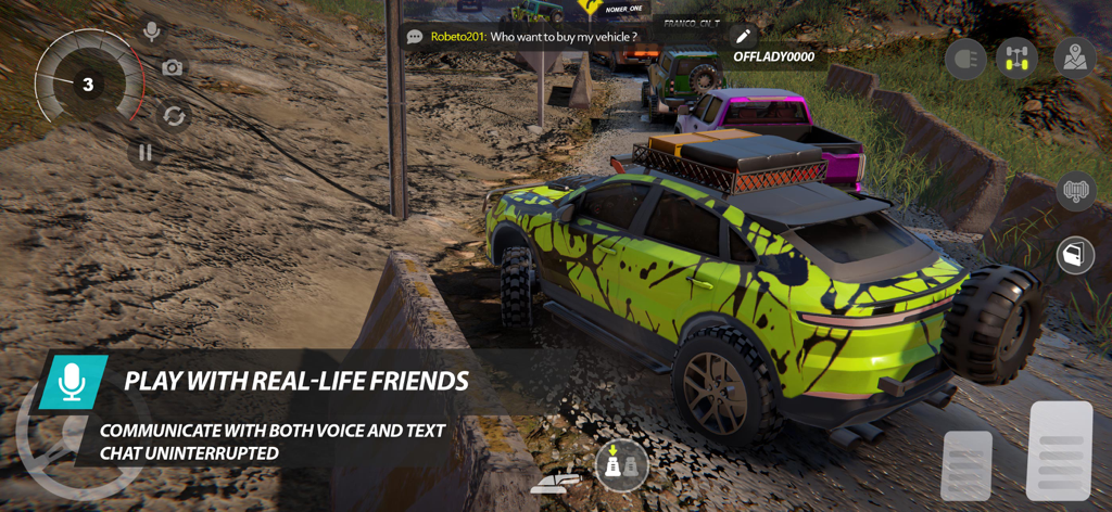 Players using voice and text chat in a multiplayer offroad racing game with customized vehicles.