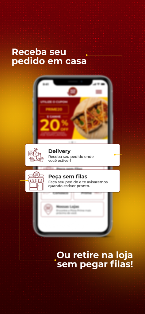 Pantalla de la app Pizza Prime Delivery mostrando opciones de entrega a domicilio o recogida en tienda.