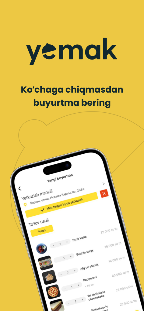 Yemak: Food delivery in Karshi - Yemak food delivery app interface showing an order summary on a smartphone