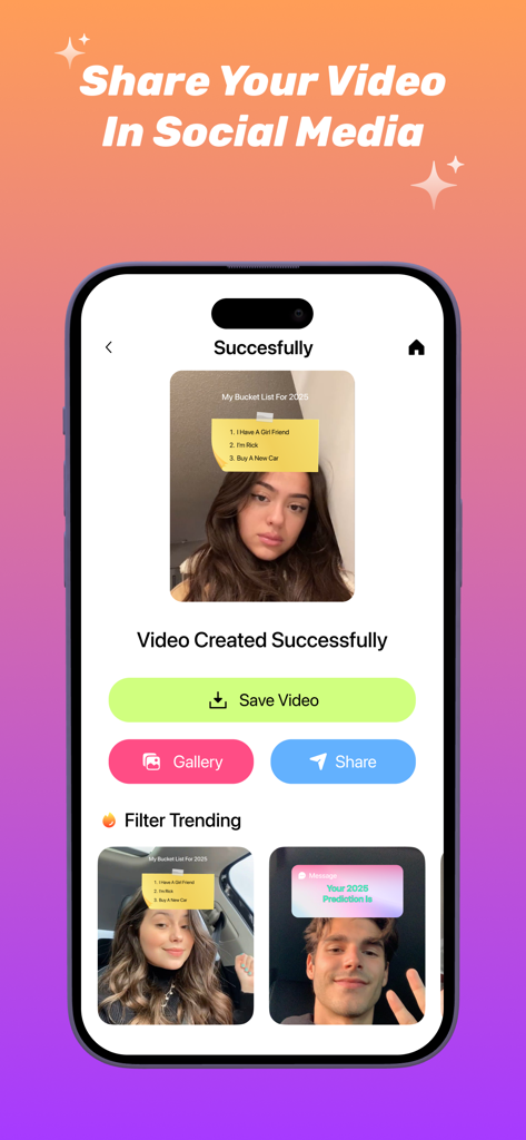 My 2025 Prediction - Captura de pantalla de la aplicación Mi Predicción 2025 que muestra una pantalla de éxito de creación de video con botones para compartir en redes sociales