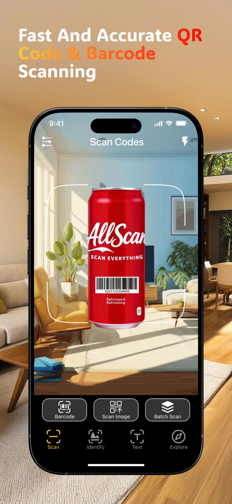 AllScan – QR & Barcode Reader - A mobile app interface of AllScan showing a smartphone scanning a barcode on a red can with high accuracy