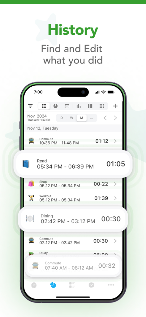 aTimeLogger: Work Time Tracker - A screenshot of the aTimeLogger app history screen showing a chronological list of tracked daily activities and their durations