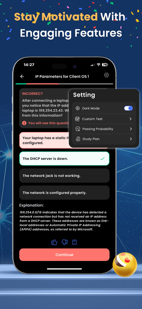 Benutzeroberfläche des CCNA 200-301 Übungsquiz mit sofortigem Feedback und Einstellungsmenü