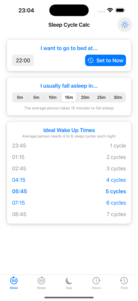 Interfaccia dell'app Sleep Cycle Calc che mostra gli orari di risveglio ideali basati su un'ora di andare a dormire alle 22:00 e una durata di addormentamento di 15 minuti.