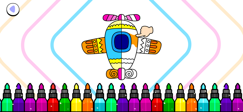 Kids drawing interface with a cartoon airplane and colorful digital markers at the bottom