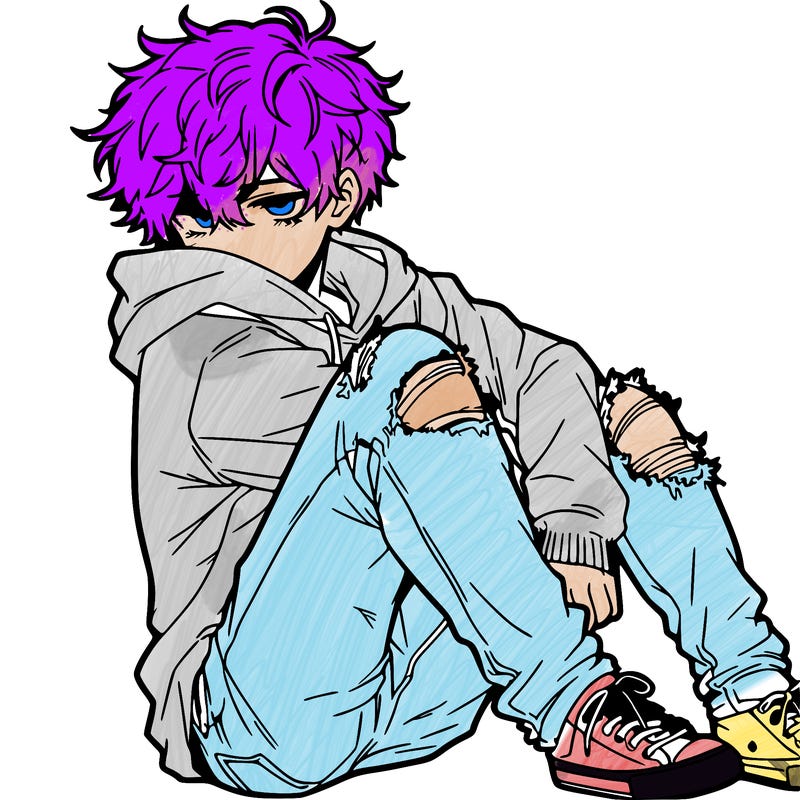 a male hoddie ripped jeans messy hair anime